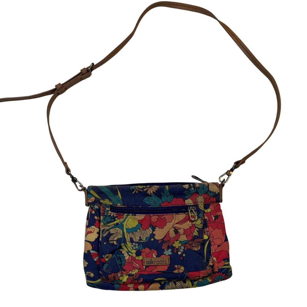 Sakroots Floral Canvas Crossbody Bag Blue Pink Multi Pocket Small Purse
